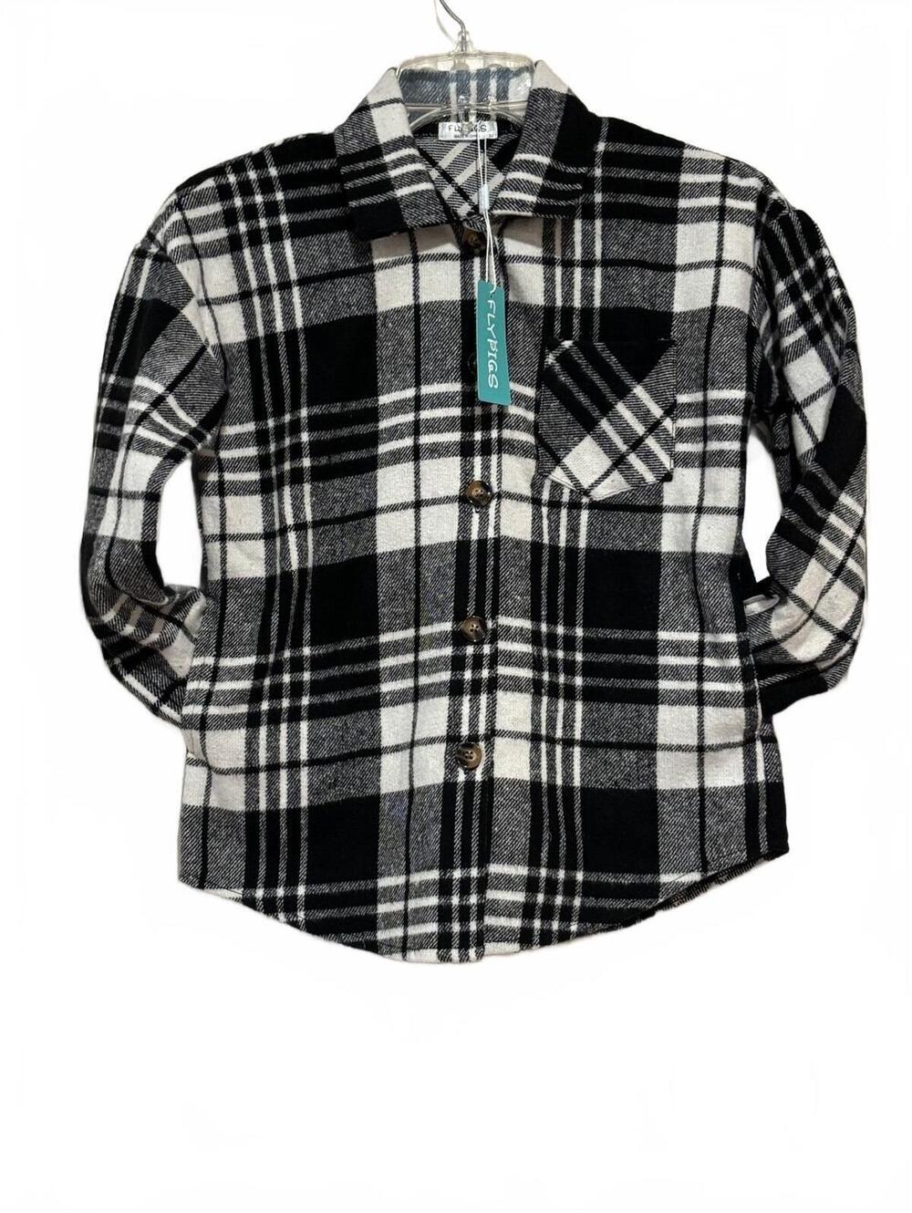 Flypigs Black and White Plaid Button-Up Shirt for Kids Size 130